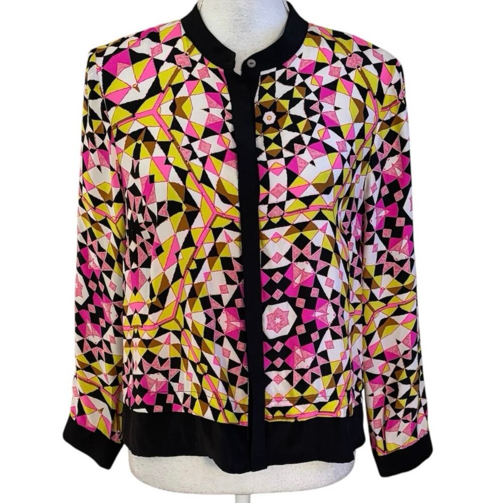 Alice & Trixie Size M Blouse Top Silk Colorful Geometric Print FLAW